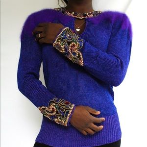 Embellished/ Embroidered Vintage Sweater with Fuzzy Shoulders